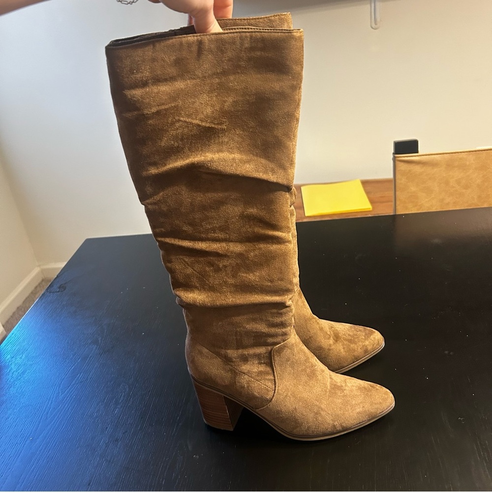 Tall Suede Block Heel Boots in Camel
